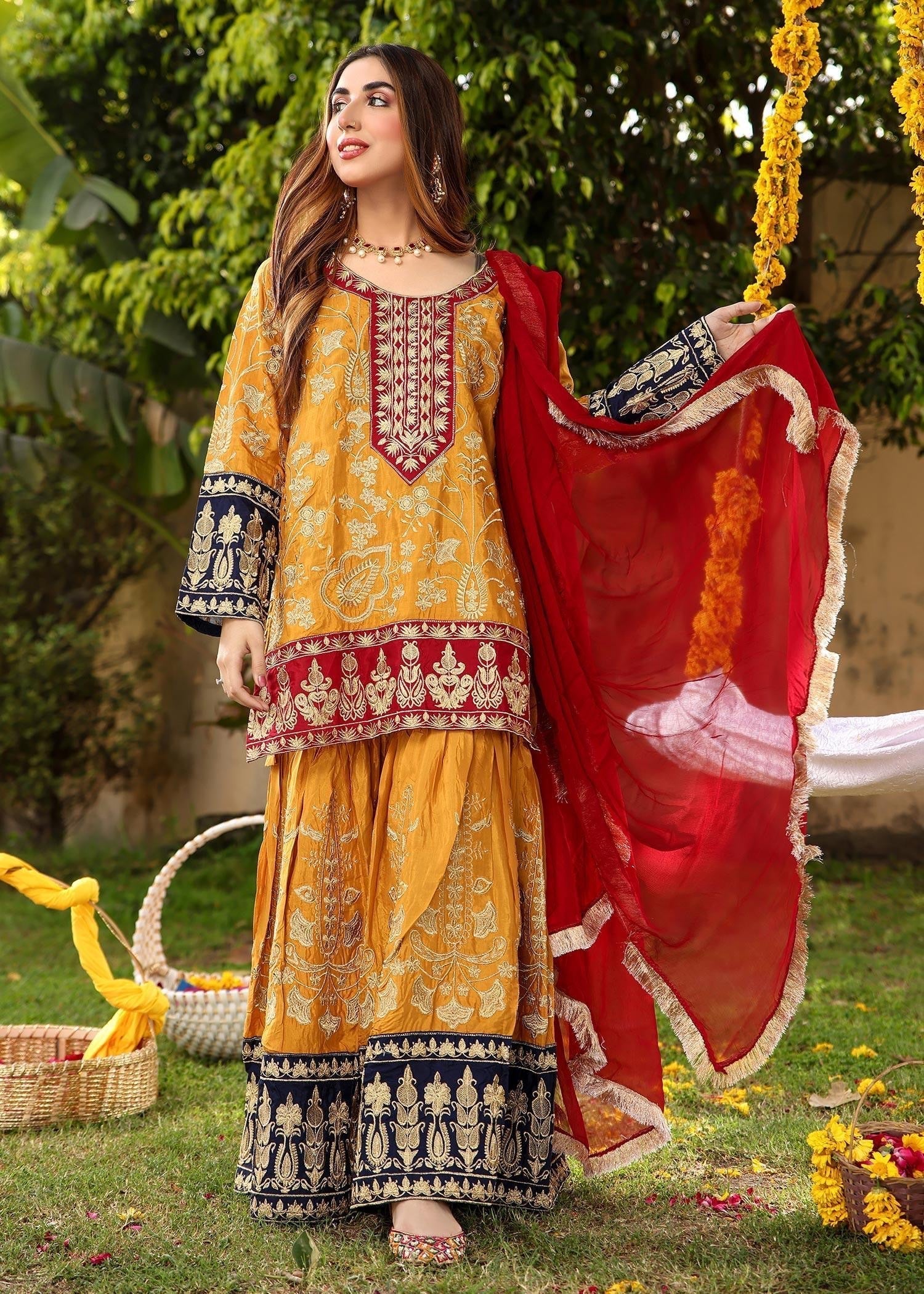Akhrot Clothing Mustard Eid Gharara Suit Women 3pcs