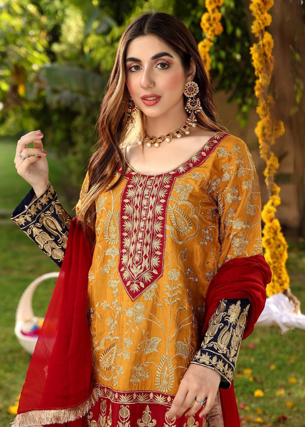 Akhrot Clothing Mustard Eid Gharara Suit Women 3pcs