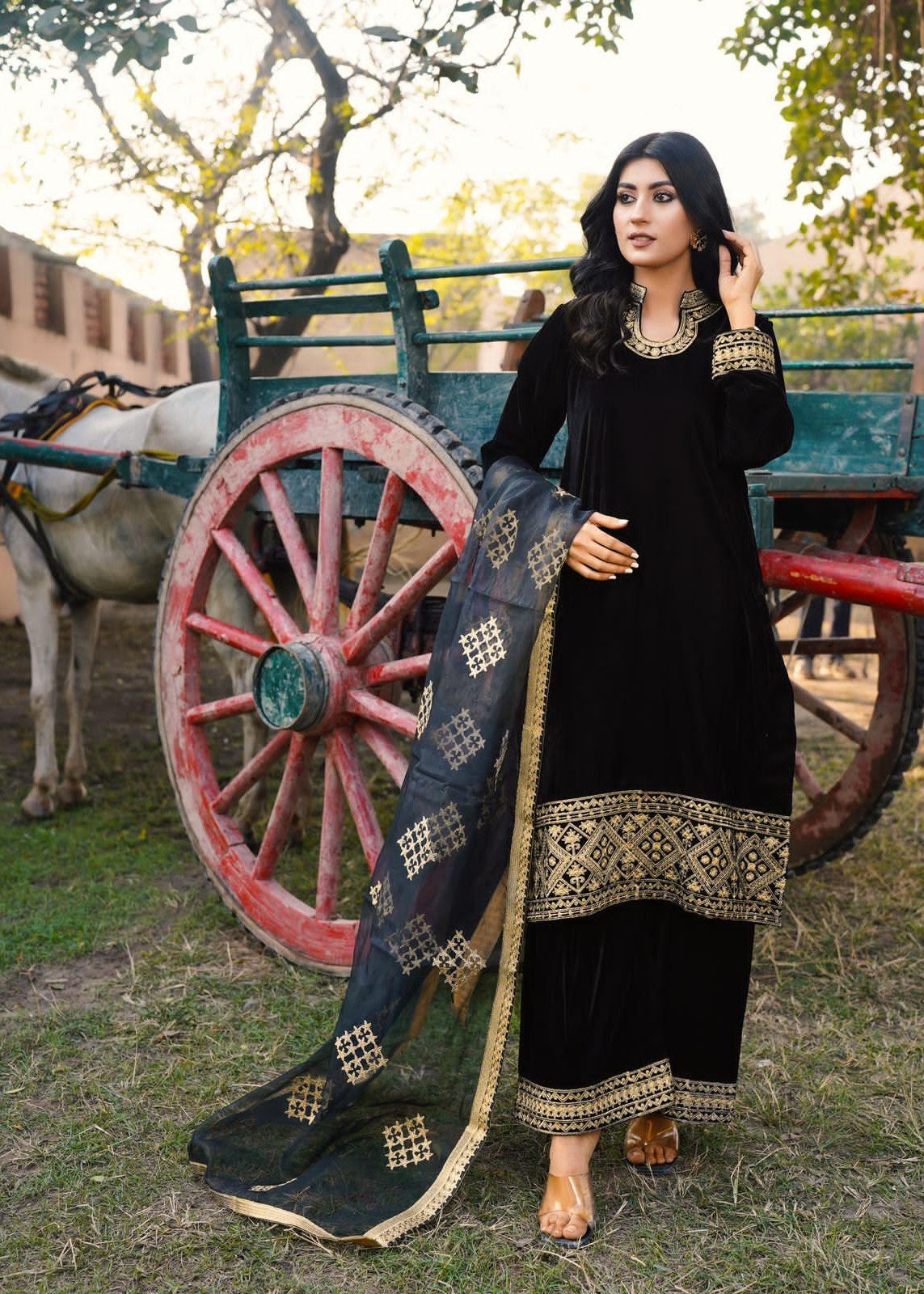 Akhrot Clothing Black Haseena Velvet Women 3pcs