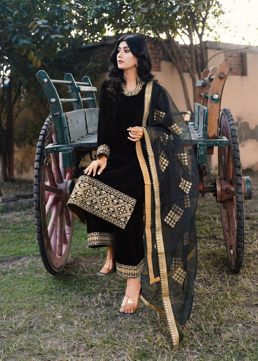 Akhrot Clothing Black Haseena Velvet Women 3pcs