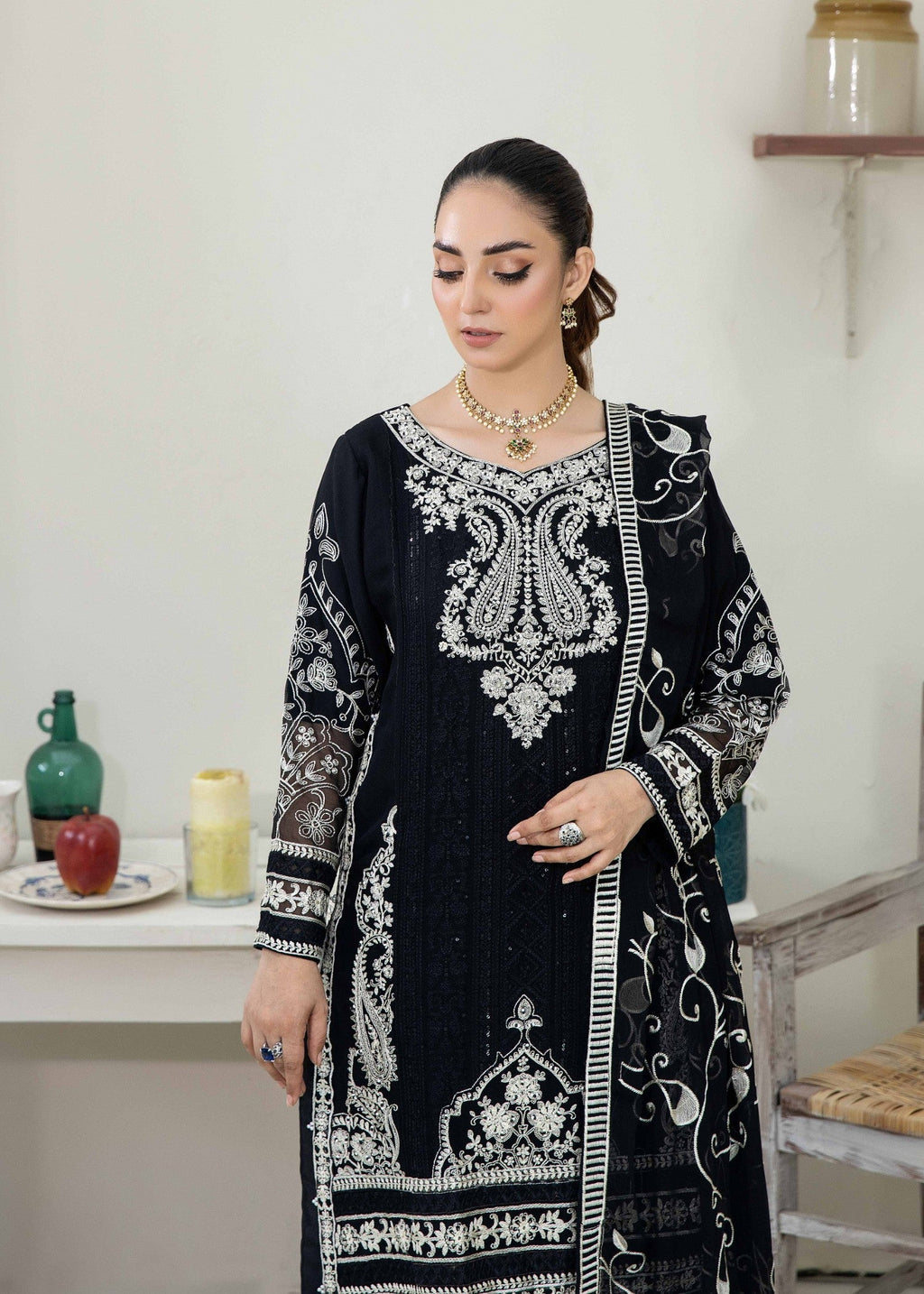 Pehnawa By Bin Akram’s Pearl Elegance Black Chiffon Women 3pcs