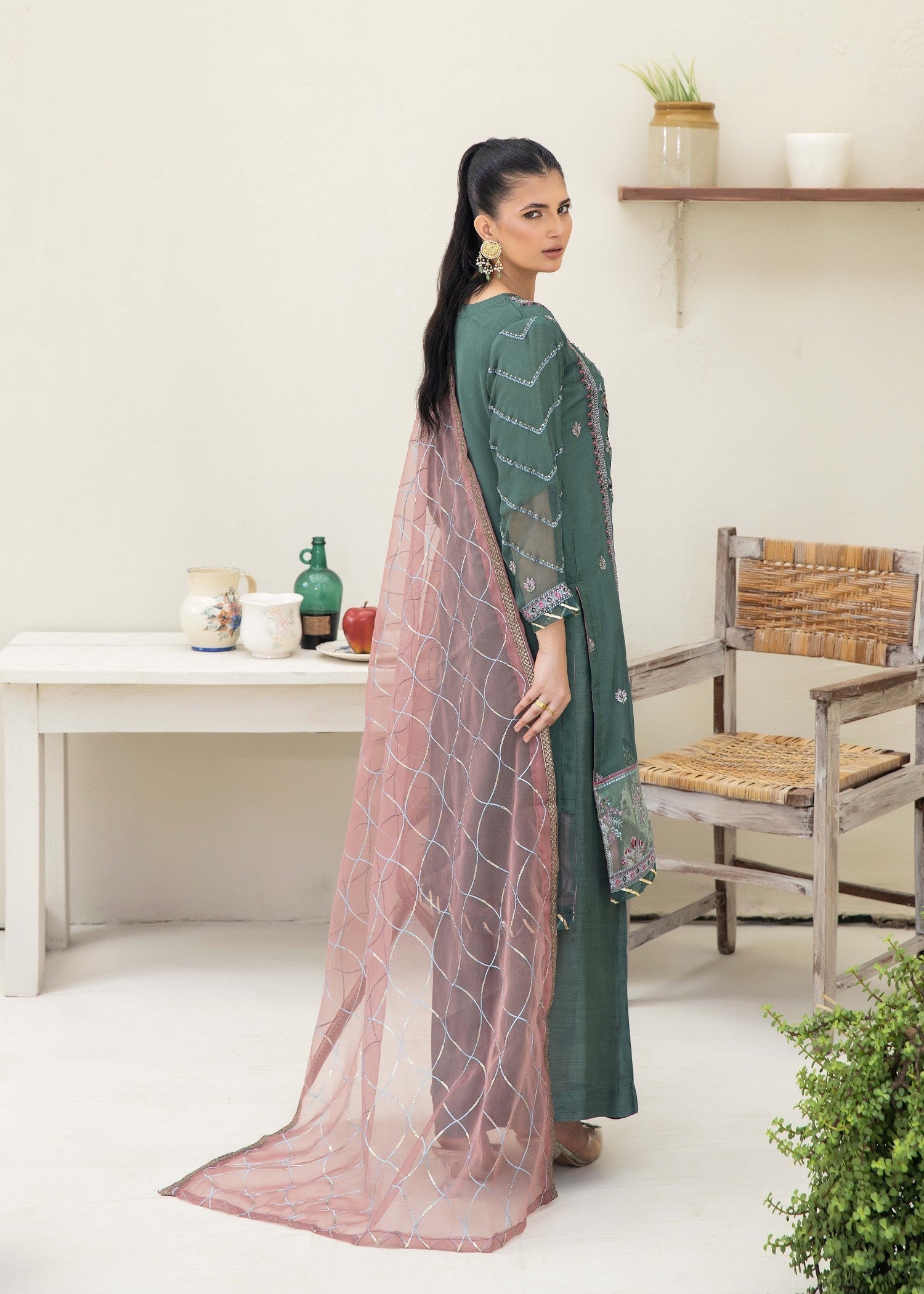 Pehnawa By Bin Akram’s Royal Green Chiffon Women 3pcs
