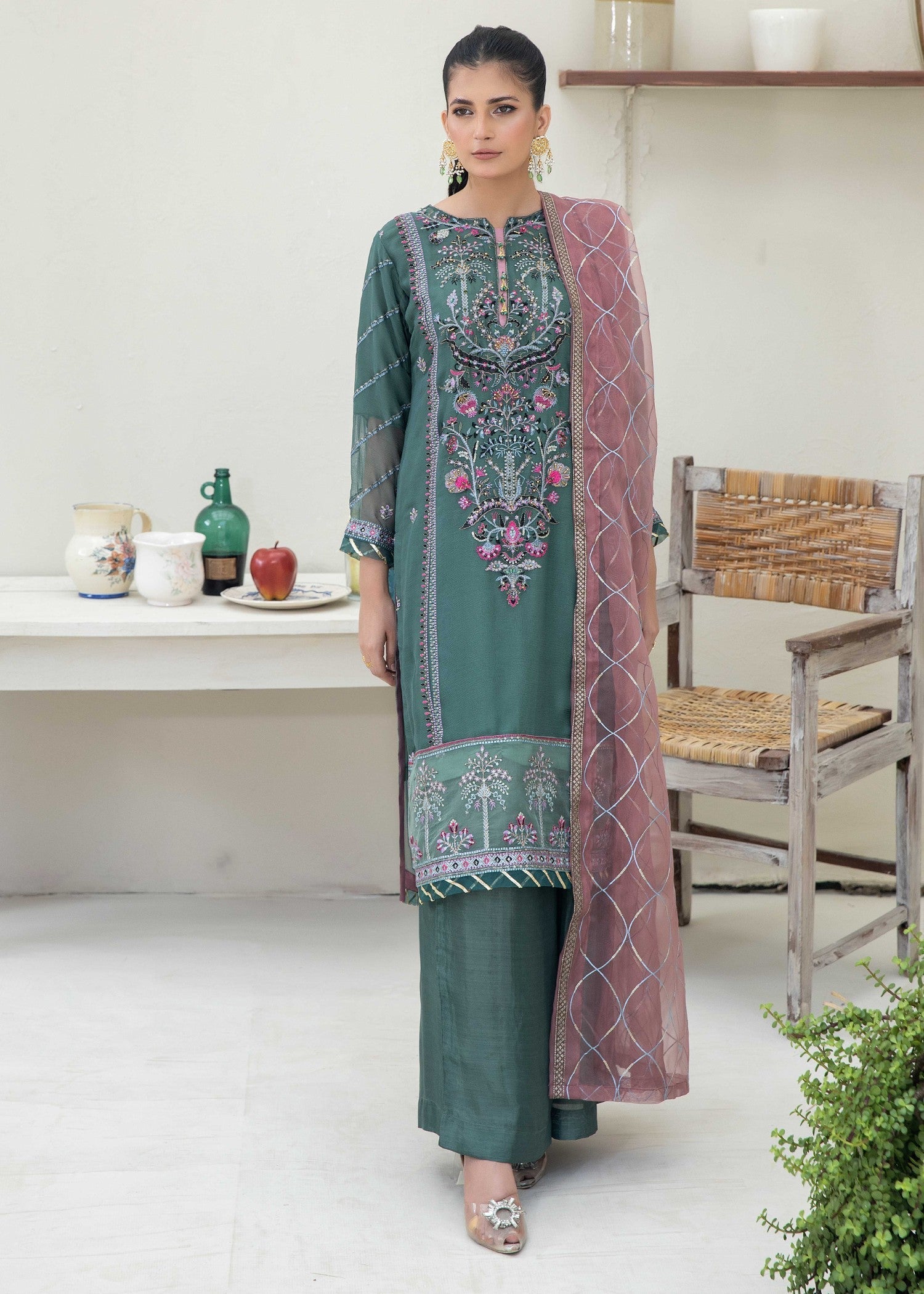 Pehnawa By Bin Akram’s Royal Green Chiffon Women 3pcs