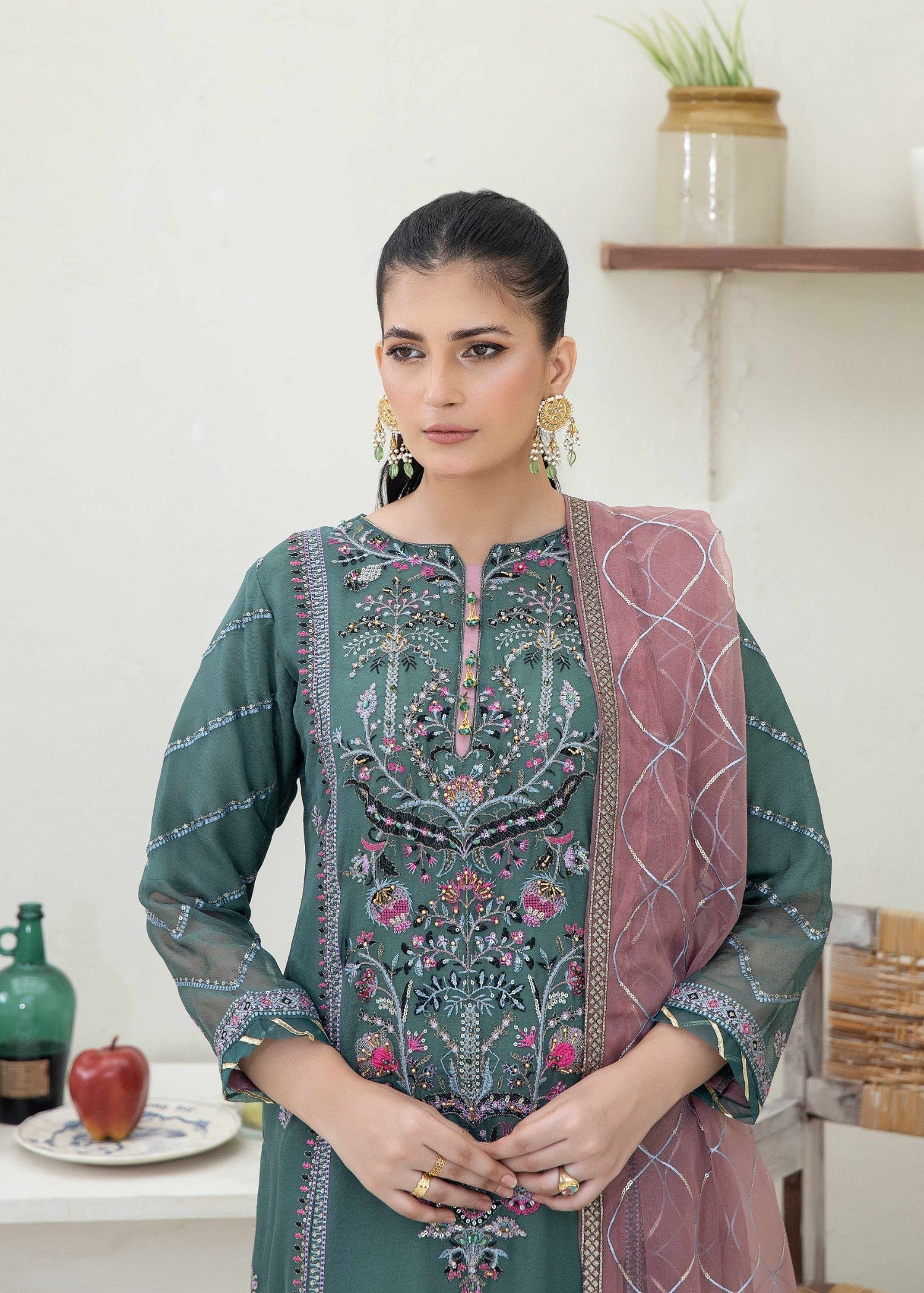 Pehnawa By Bin Akram’s Royal Green Chiffon Women 3pcs