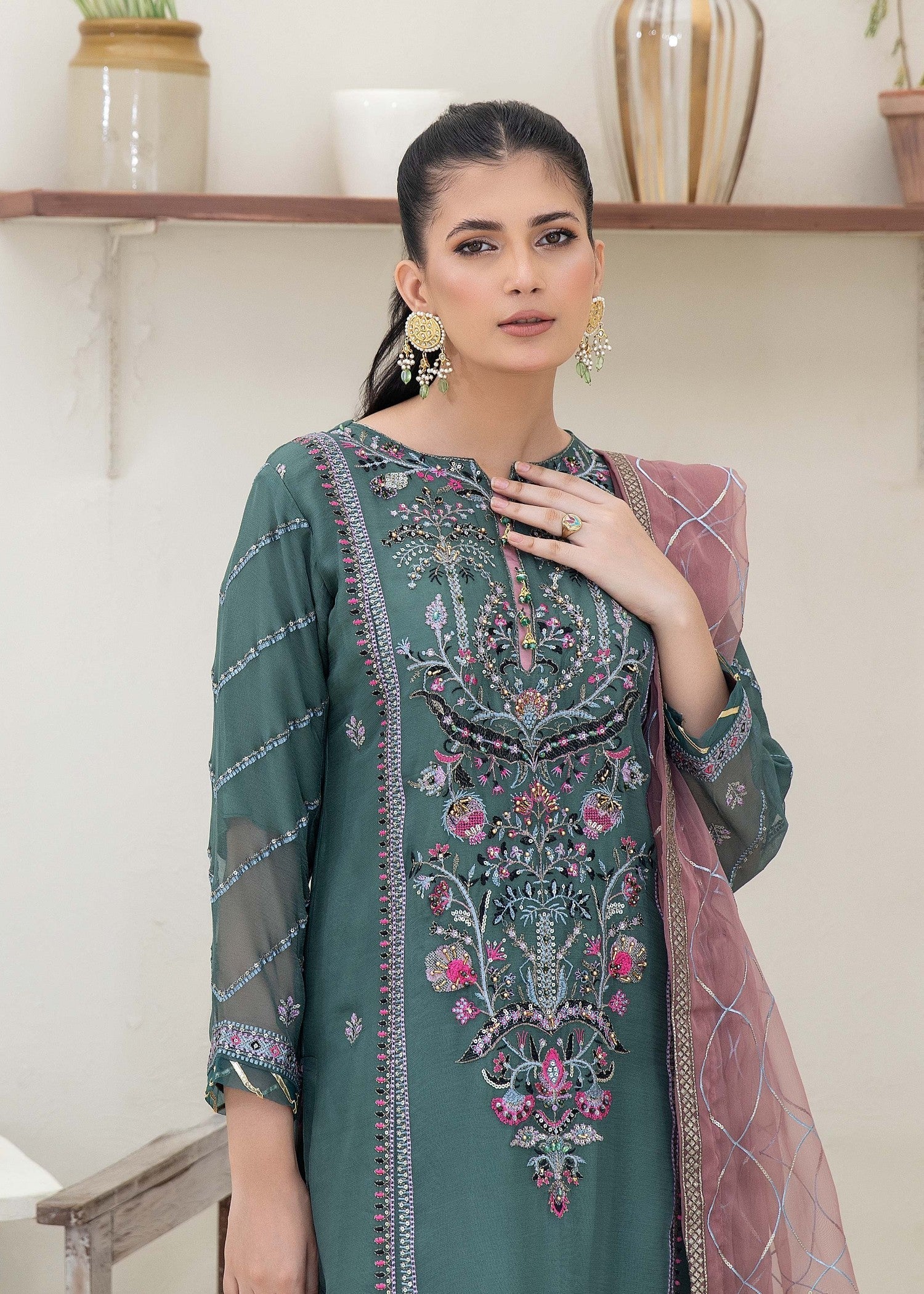 Pehnawa By Bin Akram’s Royal Green Chiffon Women 3pcs
