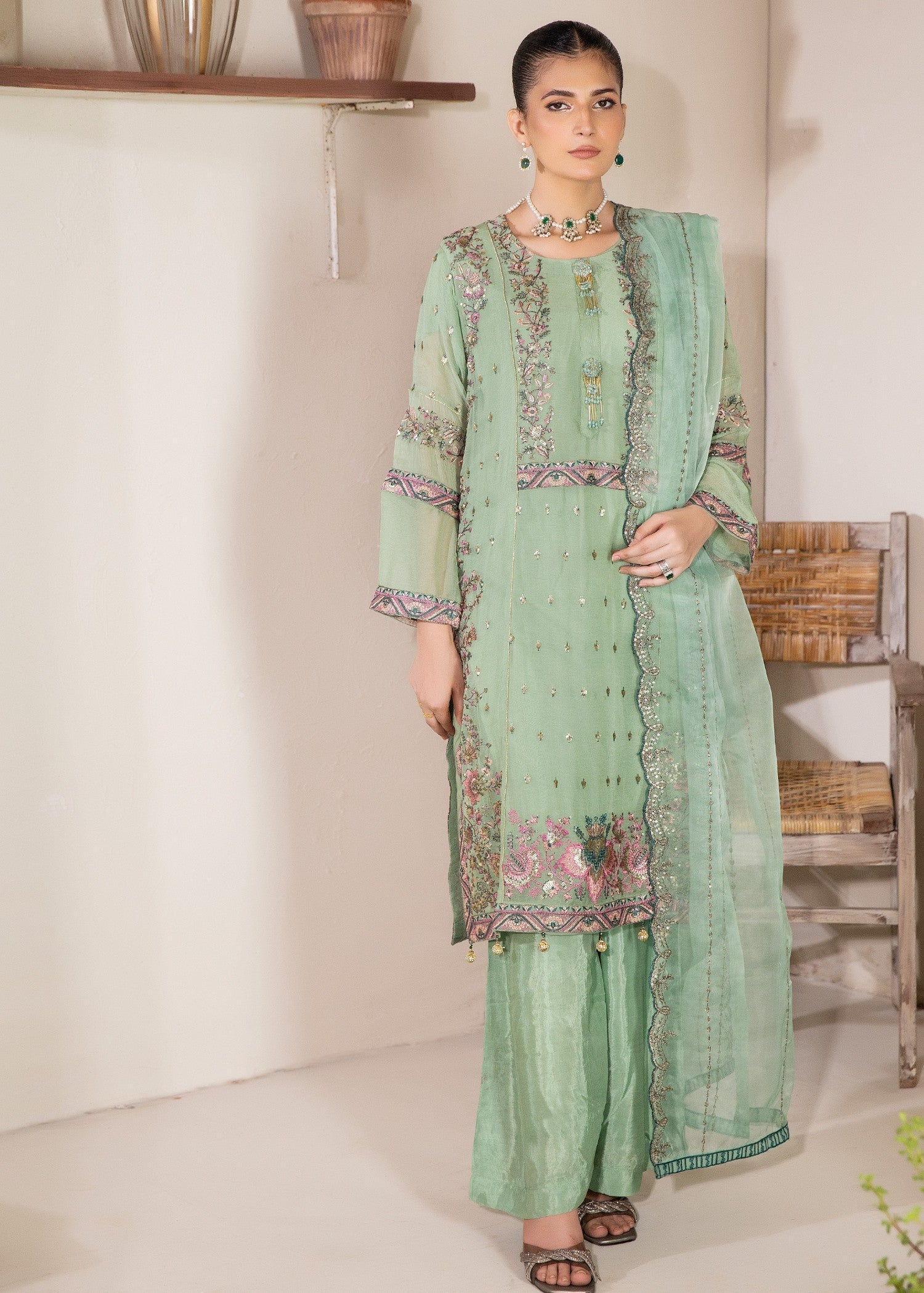 Pehnawa By Bin Akram’s Floral Pistachio Chiffon Women 3pcs