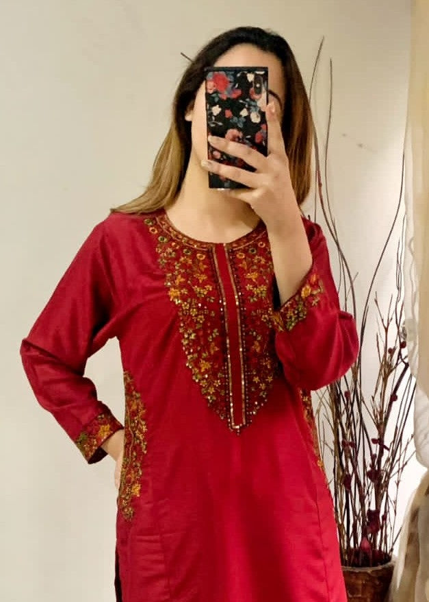 Chaudhary Arts Pocket maroon embroidered Women 2pcs
