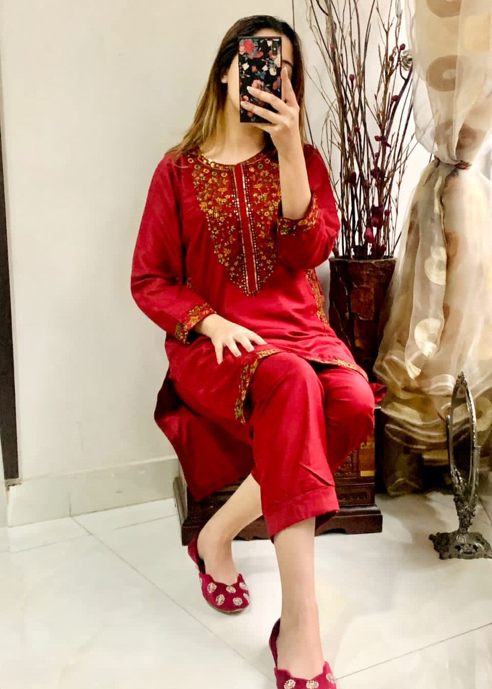 Chaudhary Arts Pocket maroon embroidered Women 2pcs