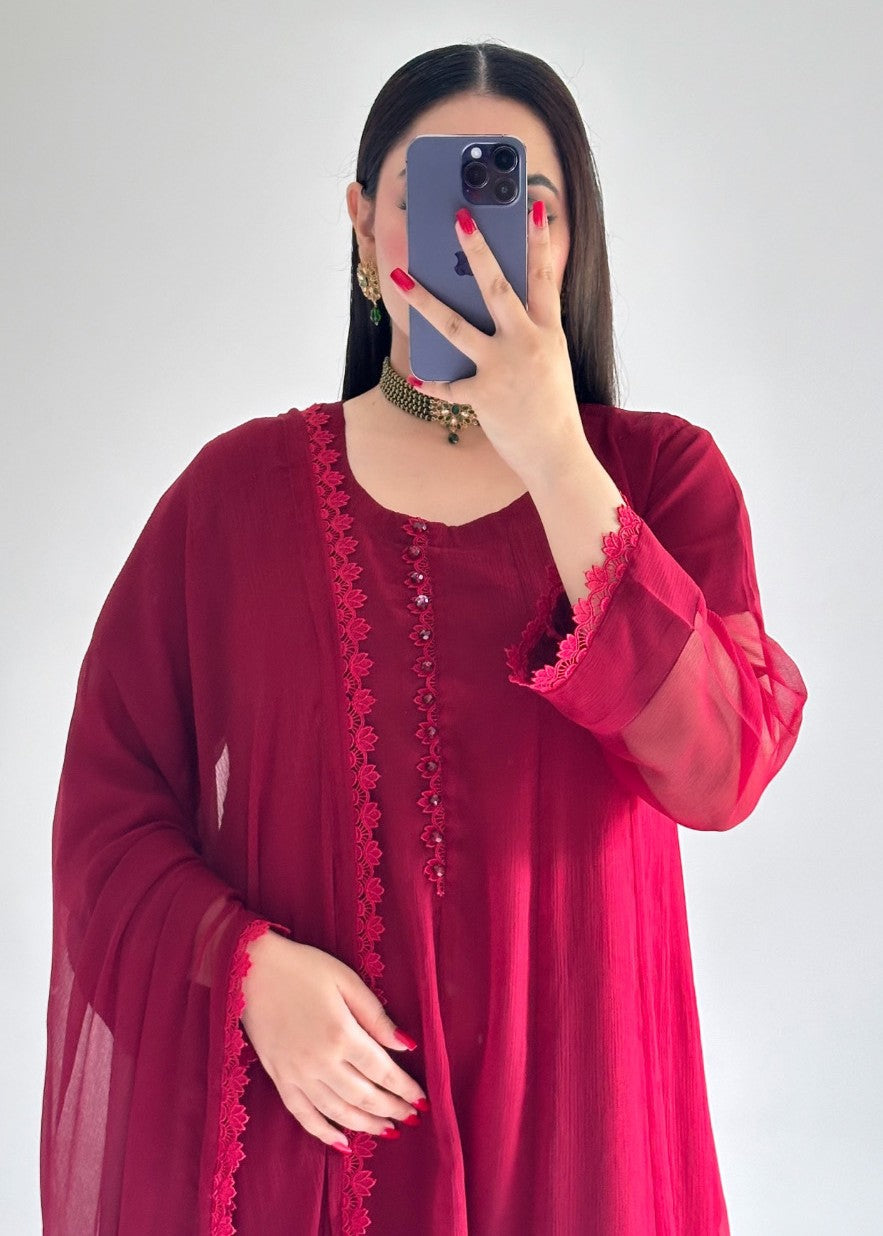 Ayesha B maroon frock Women 3pcs
