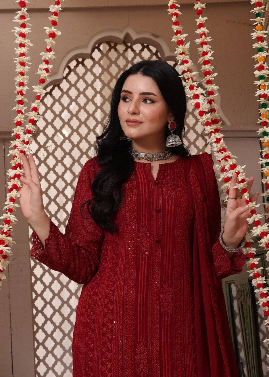 Luxeurs Maroon Chiffon Stitched Formal Women 3pcs