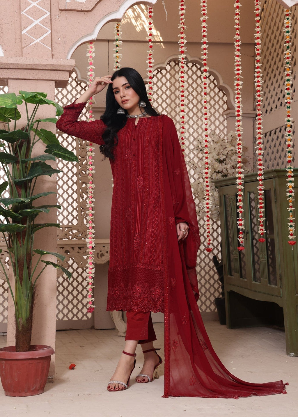 Luxeurs Maroon Chiffon Stitched Formal Women 3pcs