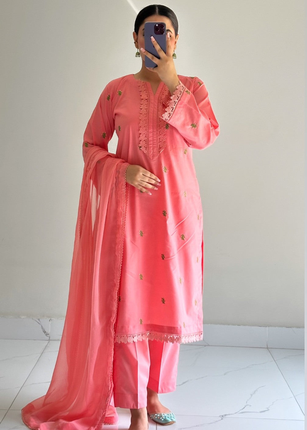 Ayesha B coral pink embroidred Women 3pcs