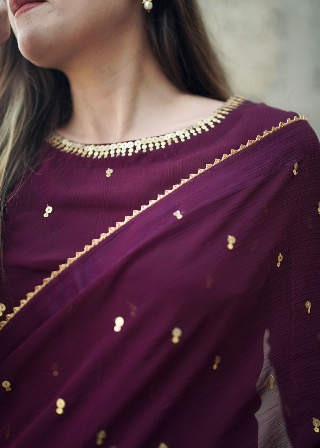 Amna Ismail PURPLE GEORGETTE CHIFFON SAREE Women 3pcs