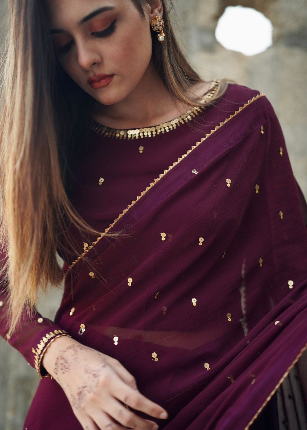 Amna Ismail PURPLE GEORGETTE CHIFFON SAREE Women 3pcs
