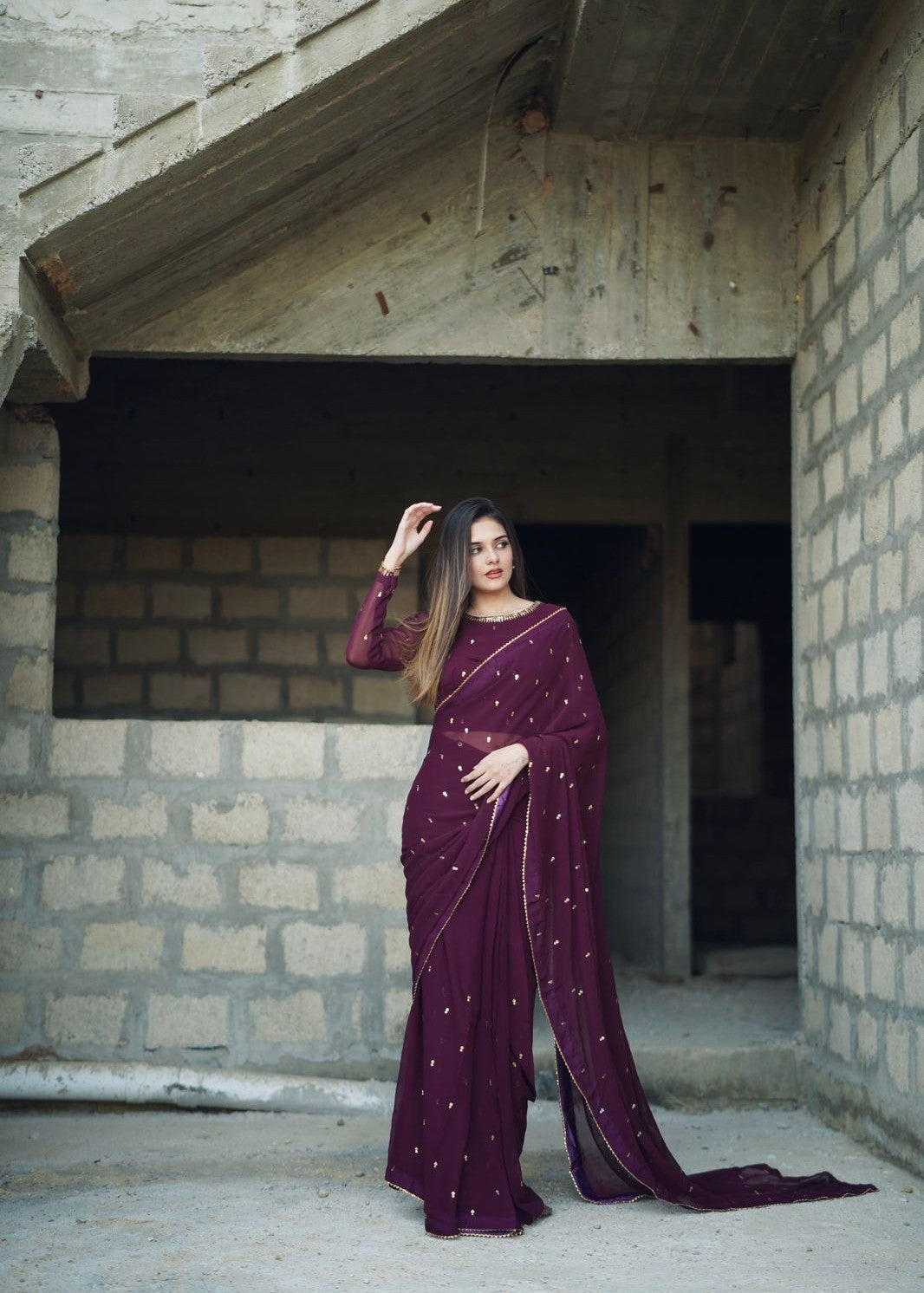 Amna Ismail PURPLE GEORGETTE CHIFFON SAREE Women 3pcs