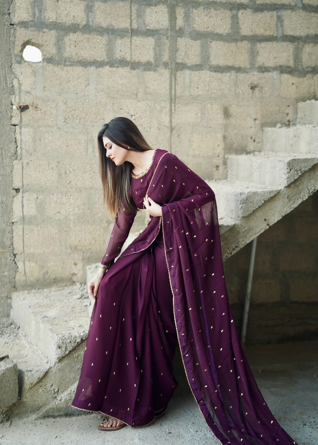 Amna Ismail PURPLE GEORGETTE CHIFFON SAREE Women 3pcs