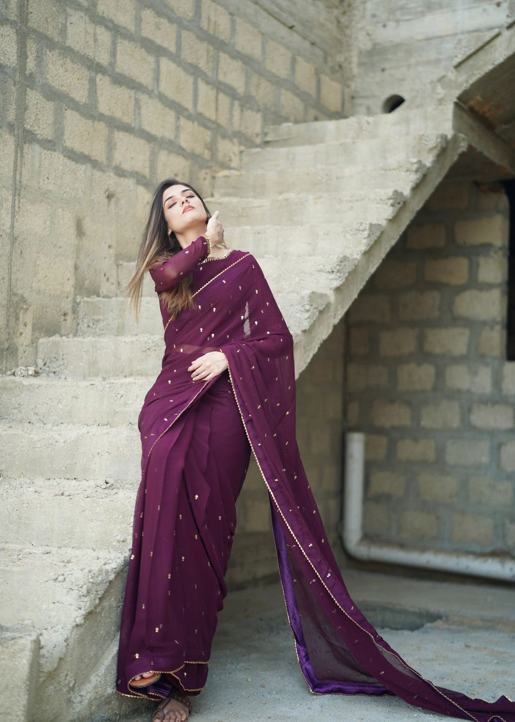 Amna Ismail PURPLE GEORGETTE CHIFFON SAREE Women 3pcs