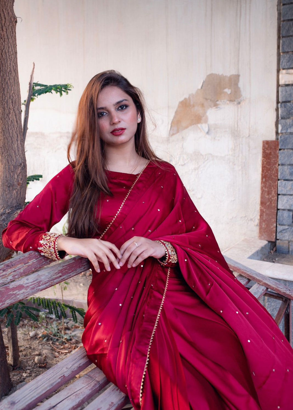 Amna Ismail MAYON SILK SAREE IN MAROON Women 3pcs