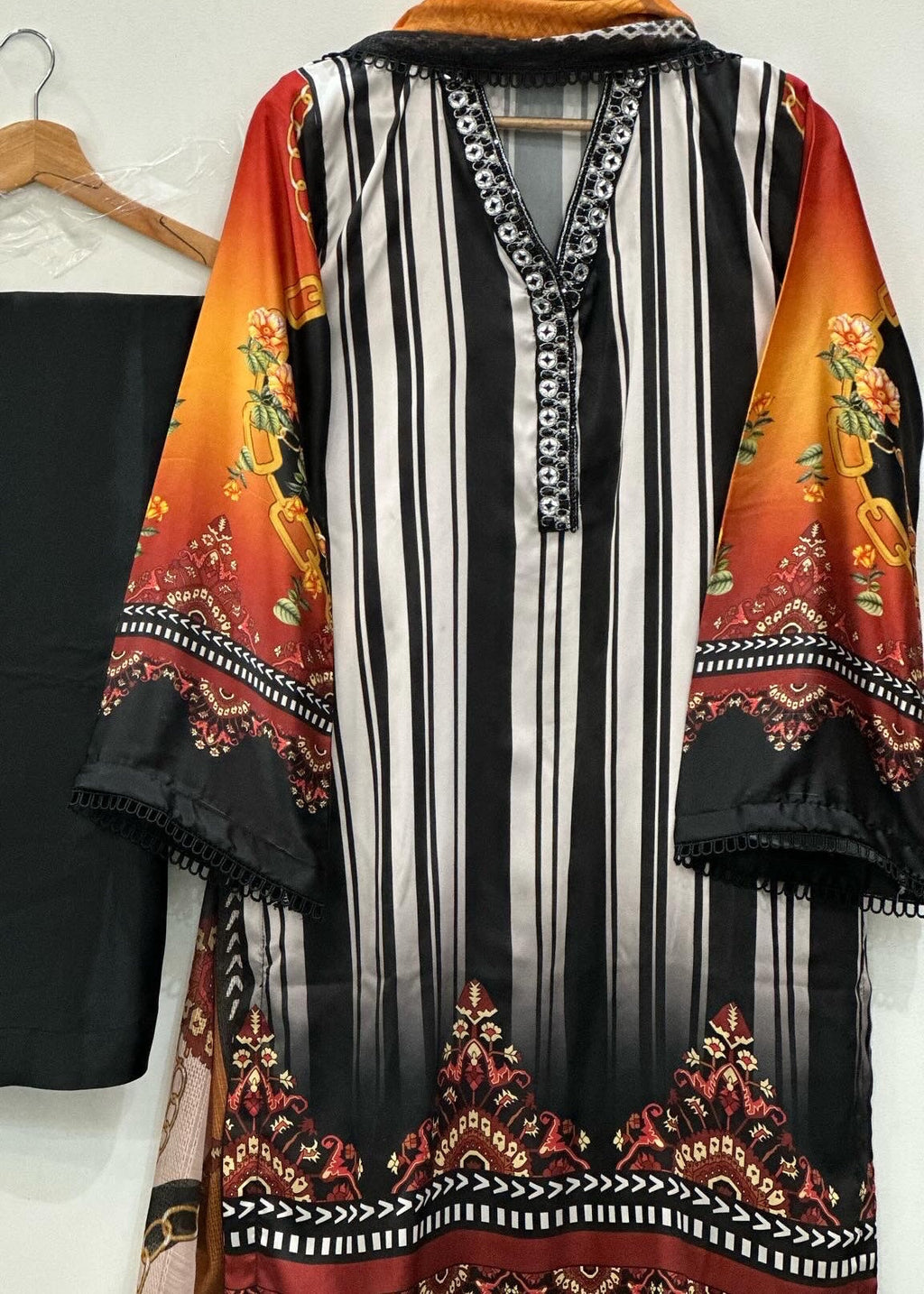 Ayesha B black silk white lines Women 3pcs