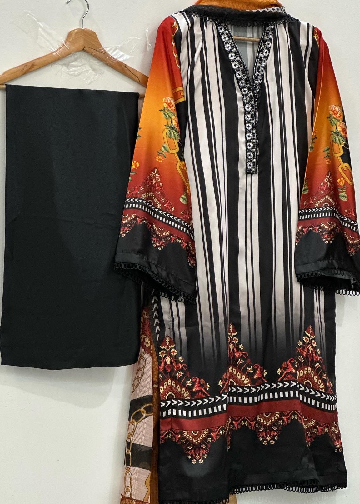 Ayesha B black silk white lines Women 3pcs