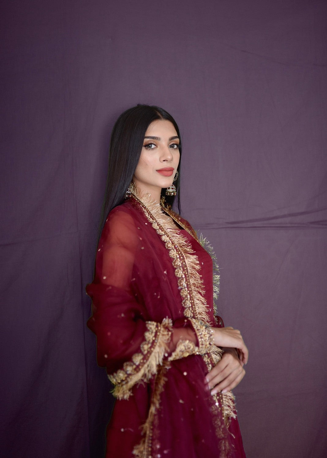 Amna Ismail MAROON ORGANZA BORDER DUPATTA Women 3pcs