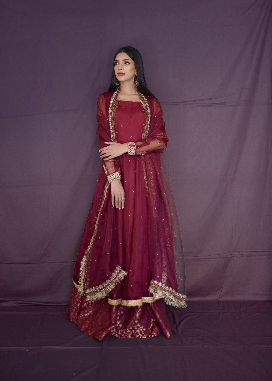 Amna Ismail MAROON ORGANZA BORDER DUPATTA Women 3pcs