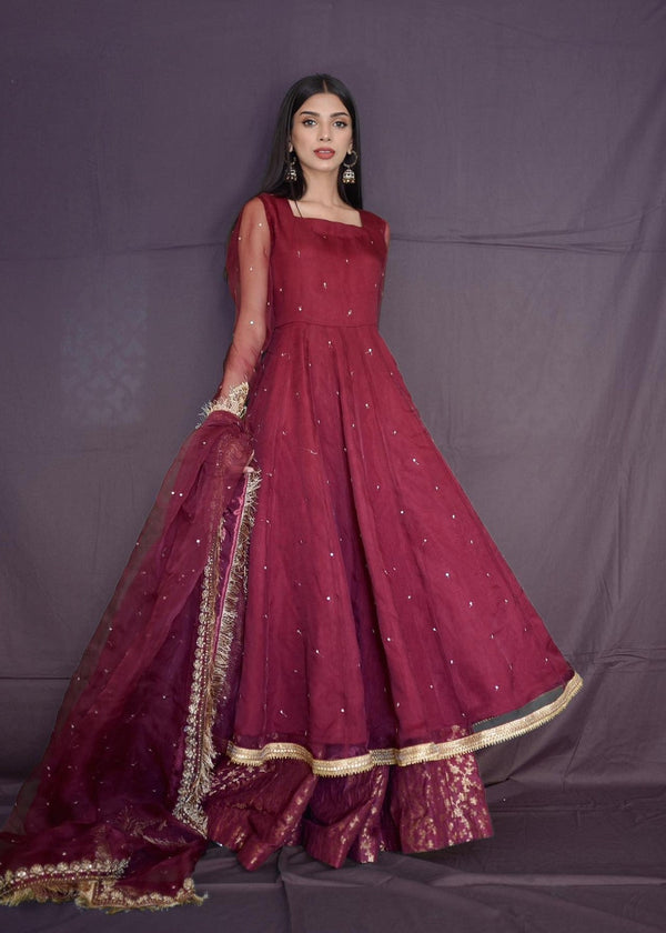 Amna Ismail MAROON ORGANZA BORDER DUPATTA Women 3pcs