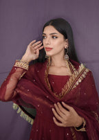 Amna Ismail MAROON ORGANZA BORDER DUPATTA Women 3pcs