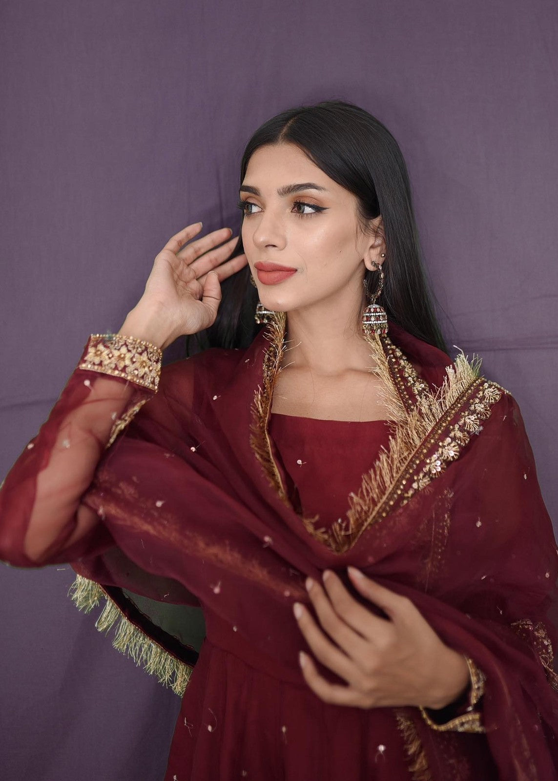 Amna Ismail MAROON ORGANZA BORDER DUPATTA Women 3pcs