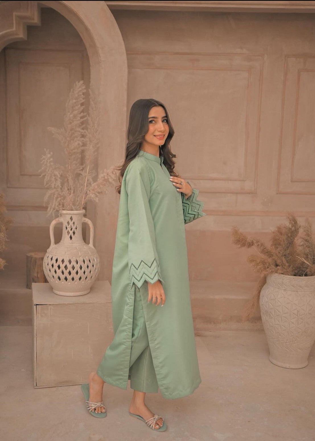 Zauk Apple Green Embroidered Two Piece Dress Women 2pcs