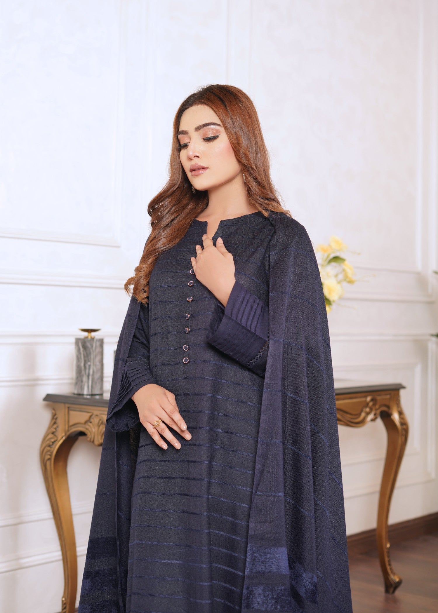 Yolo Pret Alpine Velvet Shirt with Velvet Border Shawl and Plain Trouser W24 VEL 0004 Women 3pcs