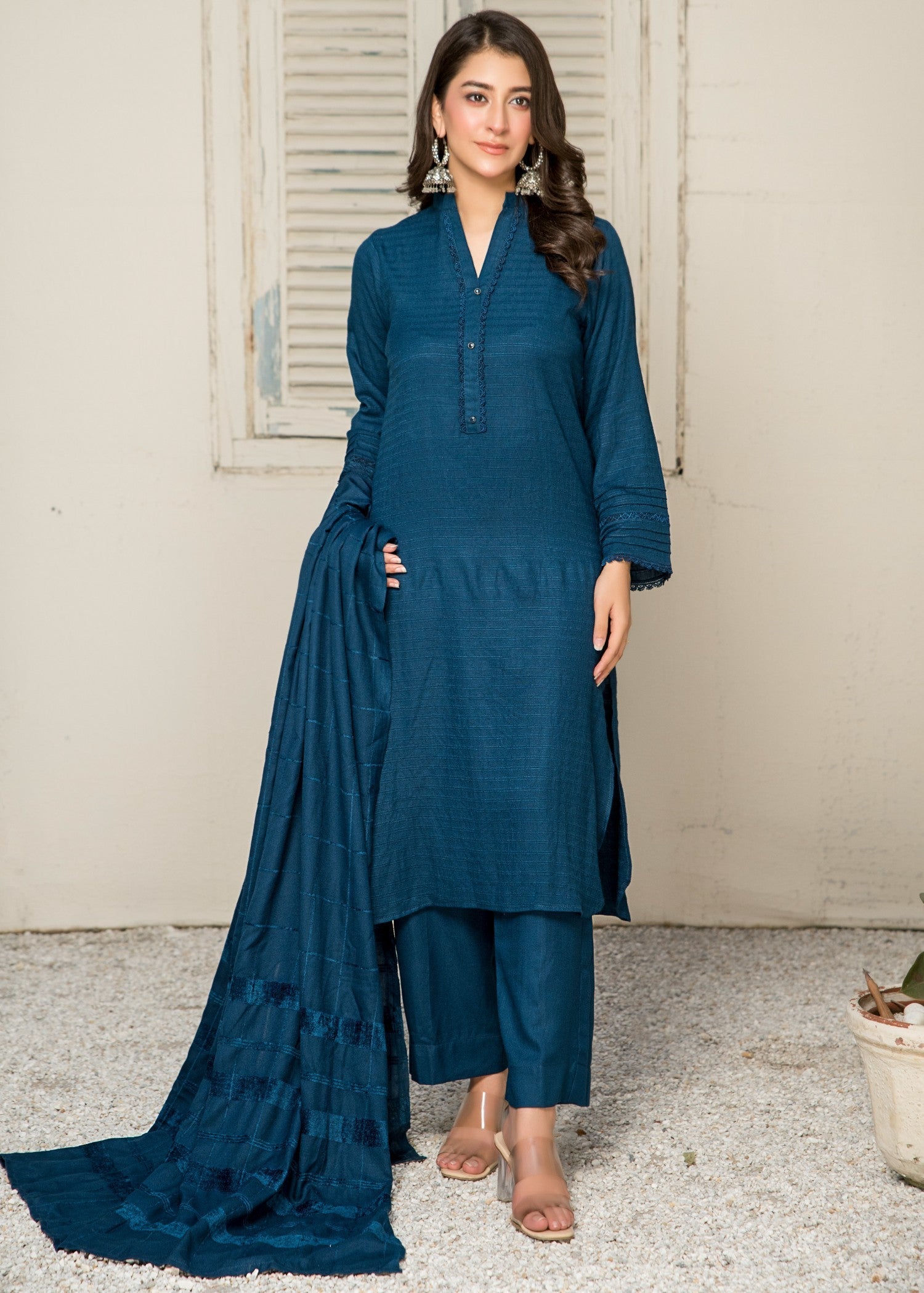 Yolo Pret Alpine Rib Shirt with Velvet Border Shawl and Plain Trouser W24 VEL 0005 Women 3pcs