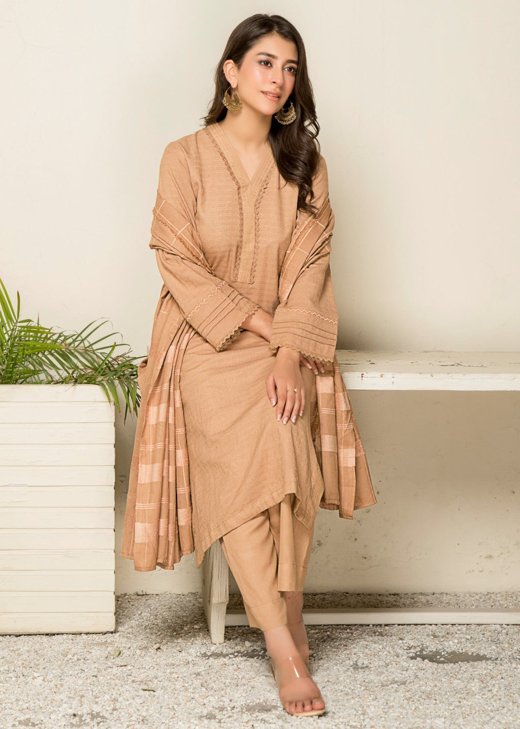 Yolo Pret Alpine Rib Shirt with Velvet Border Shawl and Plain Trouser W24 VEL 0008 Women 3pcs