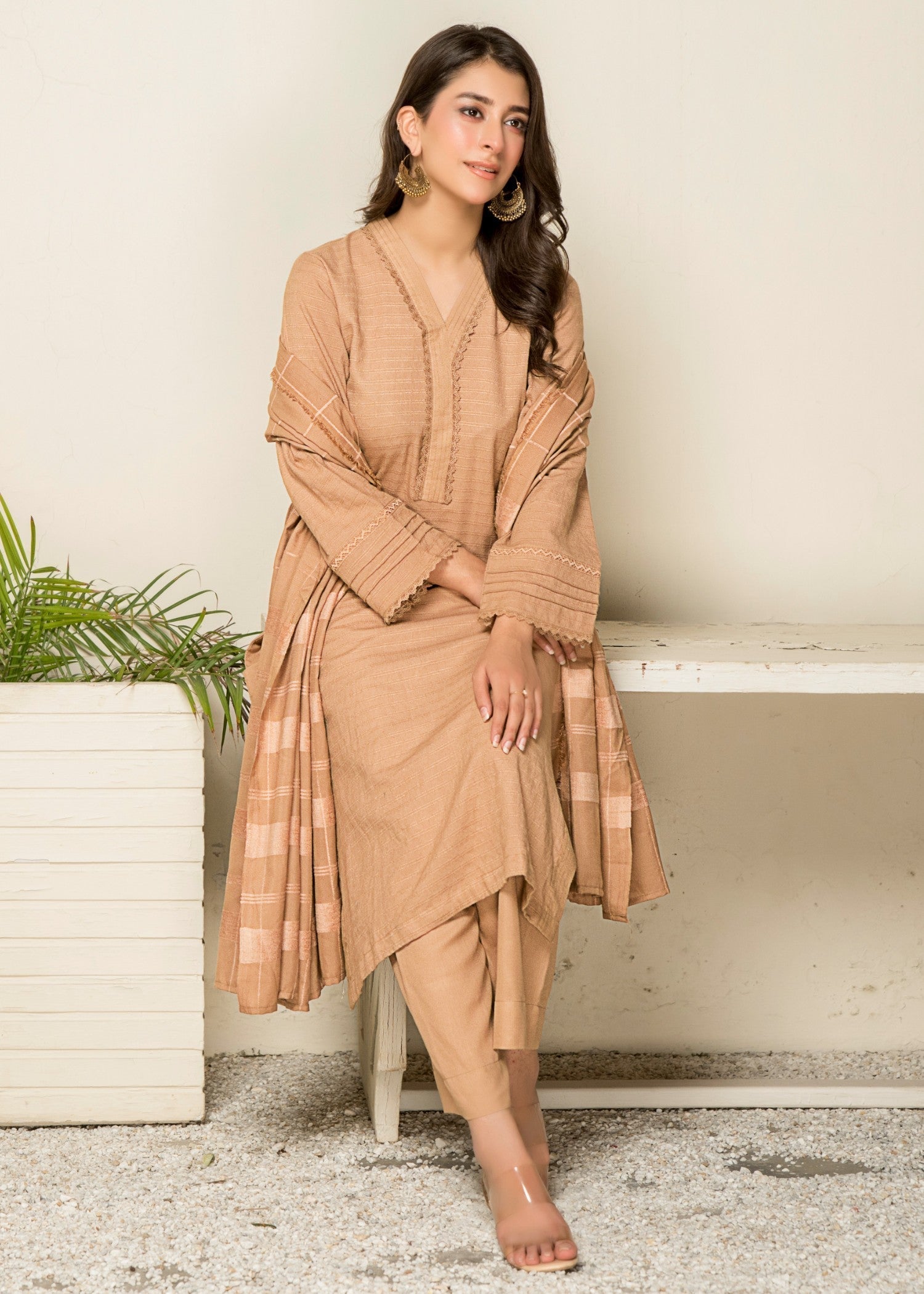 Yolo Pret Alpine Rib Shirt with Velvet Border Shawl and Plain Trouser W24 VEL 0008 Women 3pcs