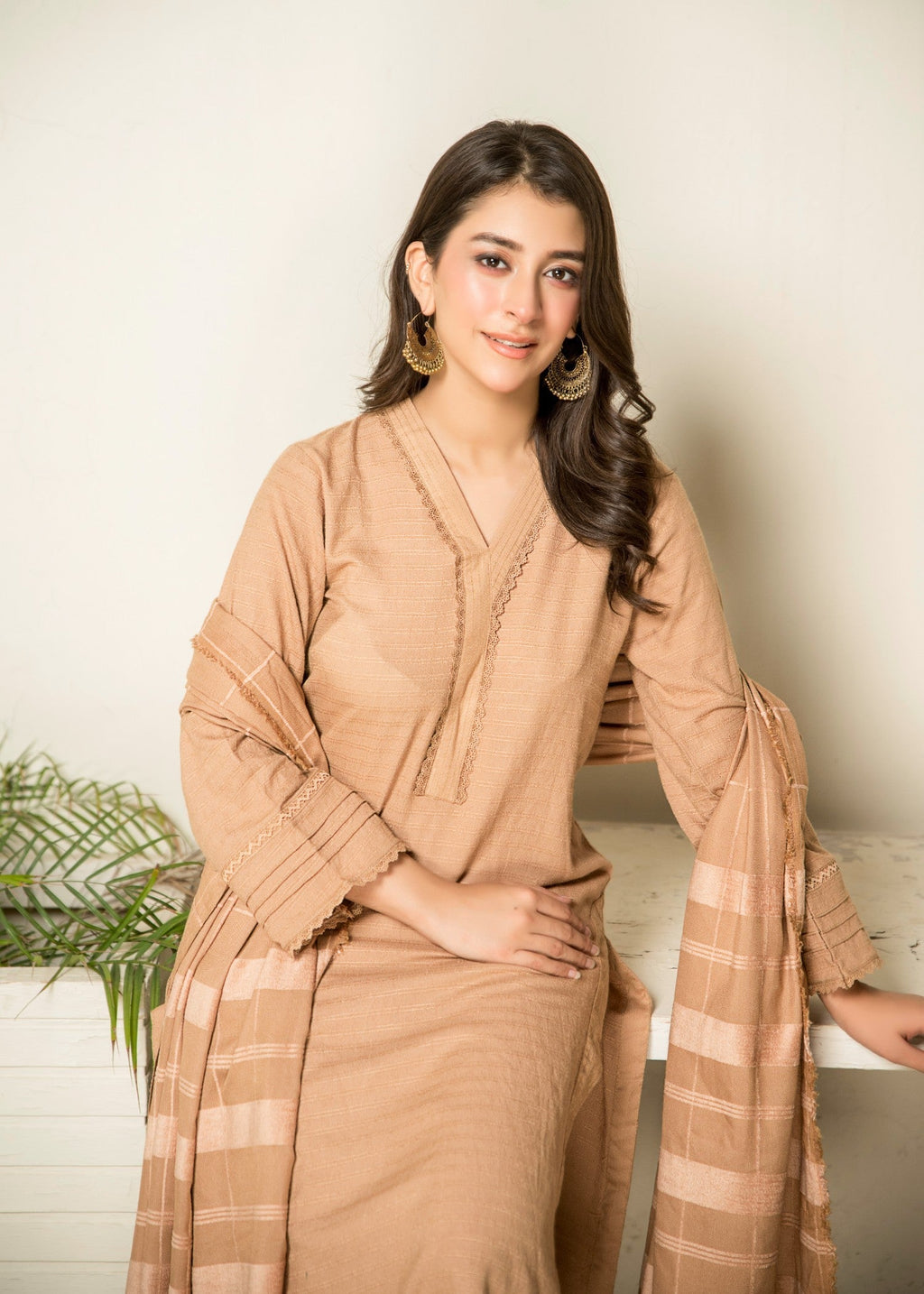 Yolo Pret Alpine Rib Shirt with Velvet Border Shawl and Plain Trouser W24 VEL 0008 Women 3pcs