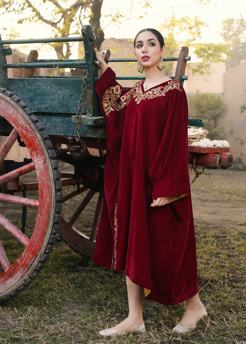 Akhrot Clothing Maroon Velvet Poncho Women 1pcs