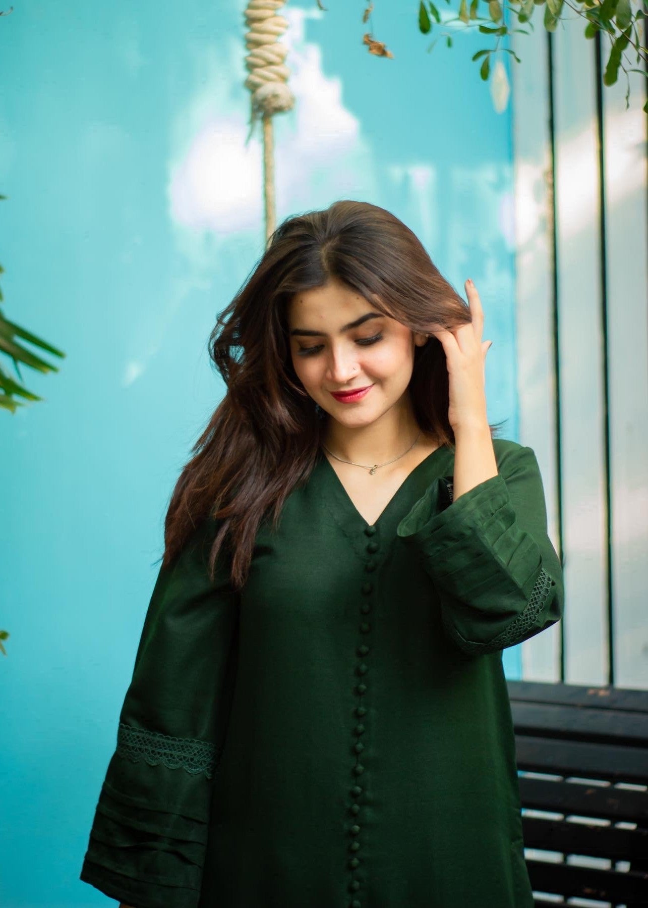 Zauk Bottle Green Two Piece Dress Women 2pcs