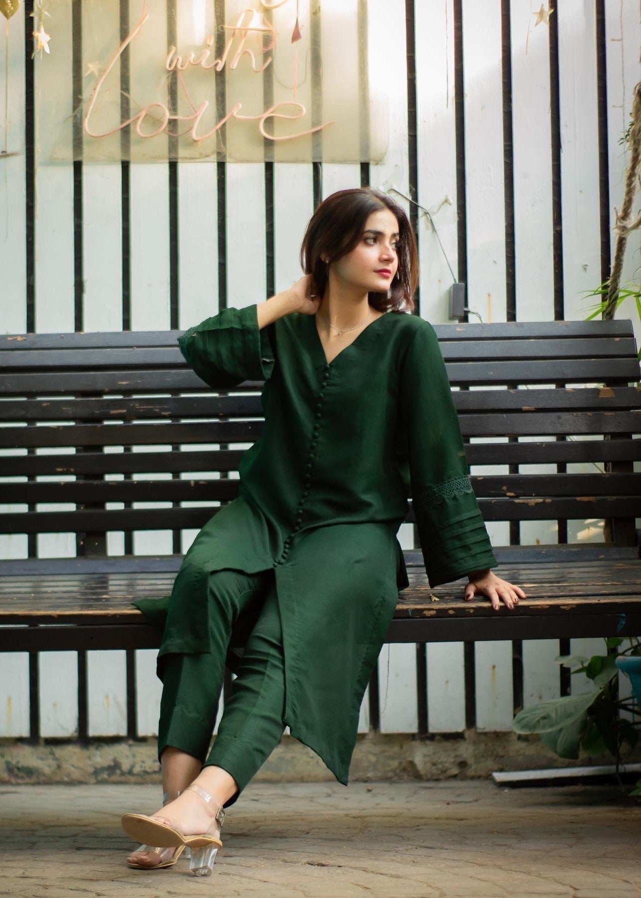 Zauk Bottle Green Two Piece Dress Women 2pcs