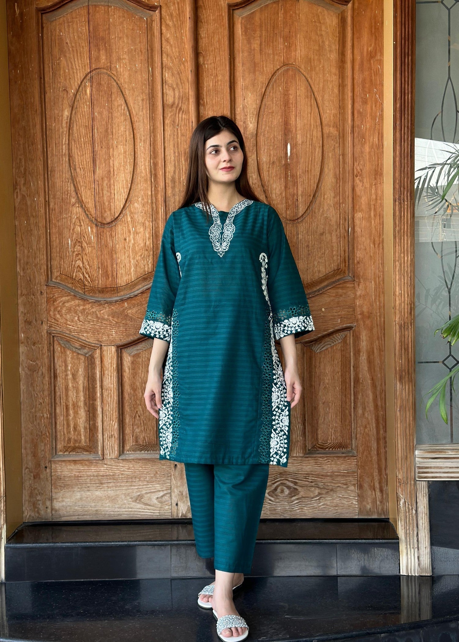 Yaaqot Official Teal Cutwork Stitched 2p Women 2pcs