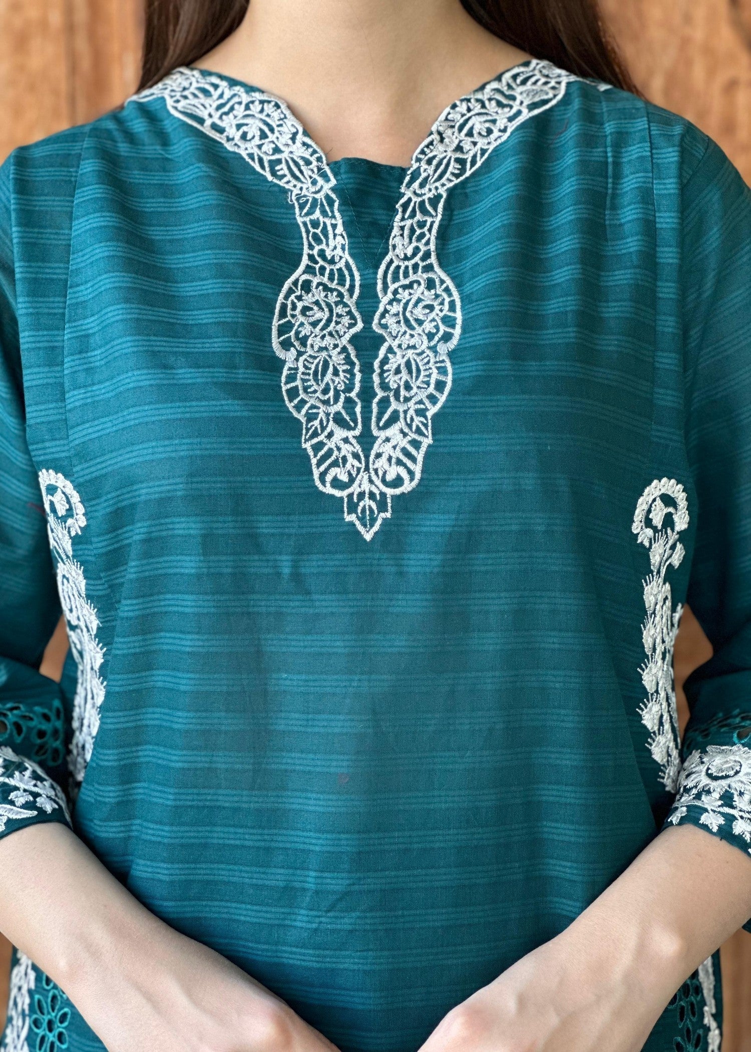Yaaqot Official Teal Cutwork Stitched 2p Women 2pcs