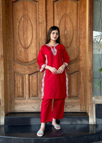 Yaaqot Official Red Cutwork Stitched 2p Women 2pcs