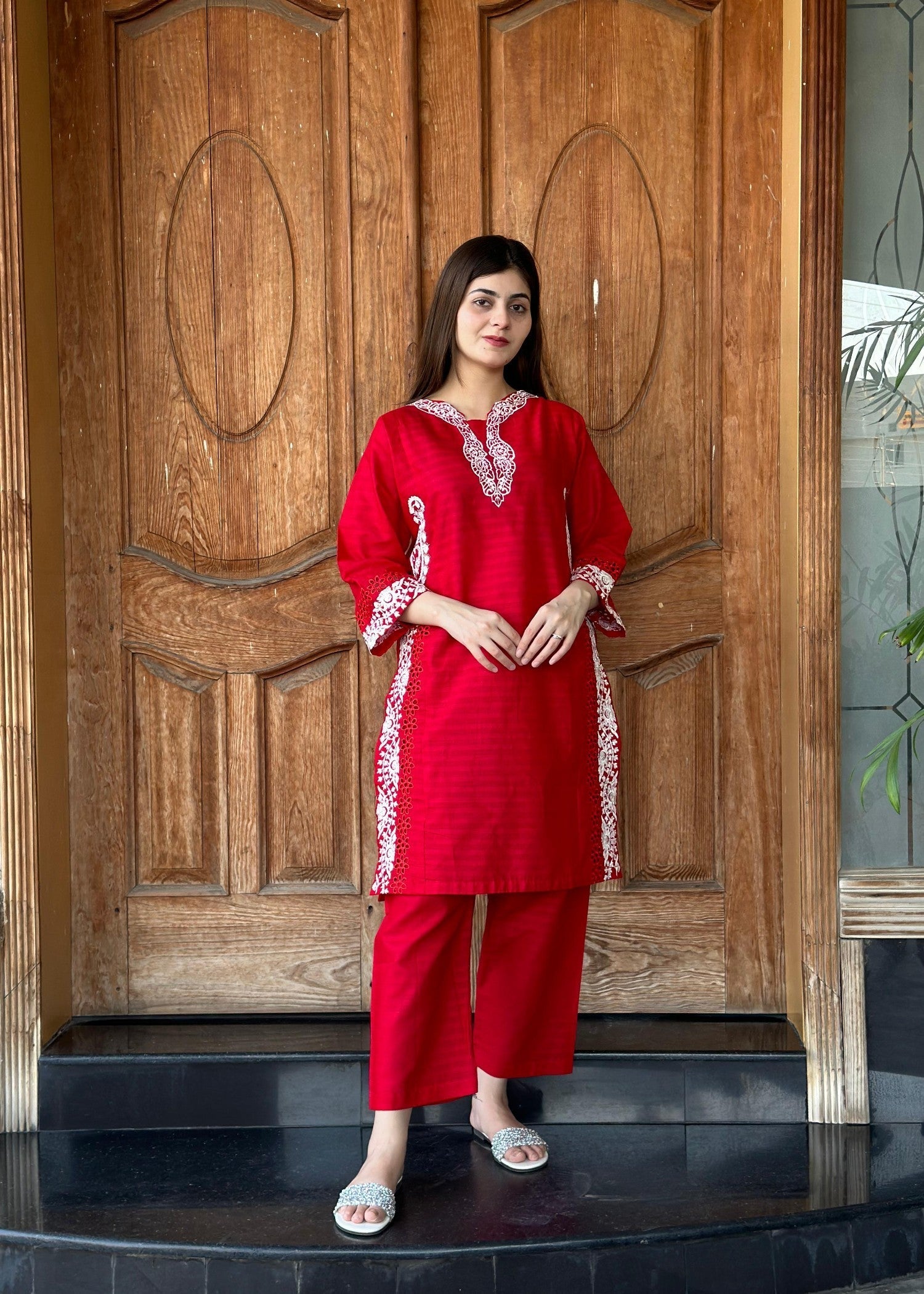 Yaaqot Official Red Cutwork Stitched 2p Women 2pcs