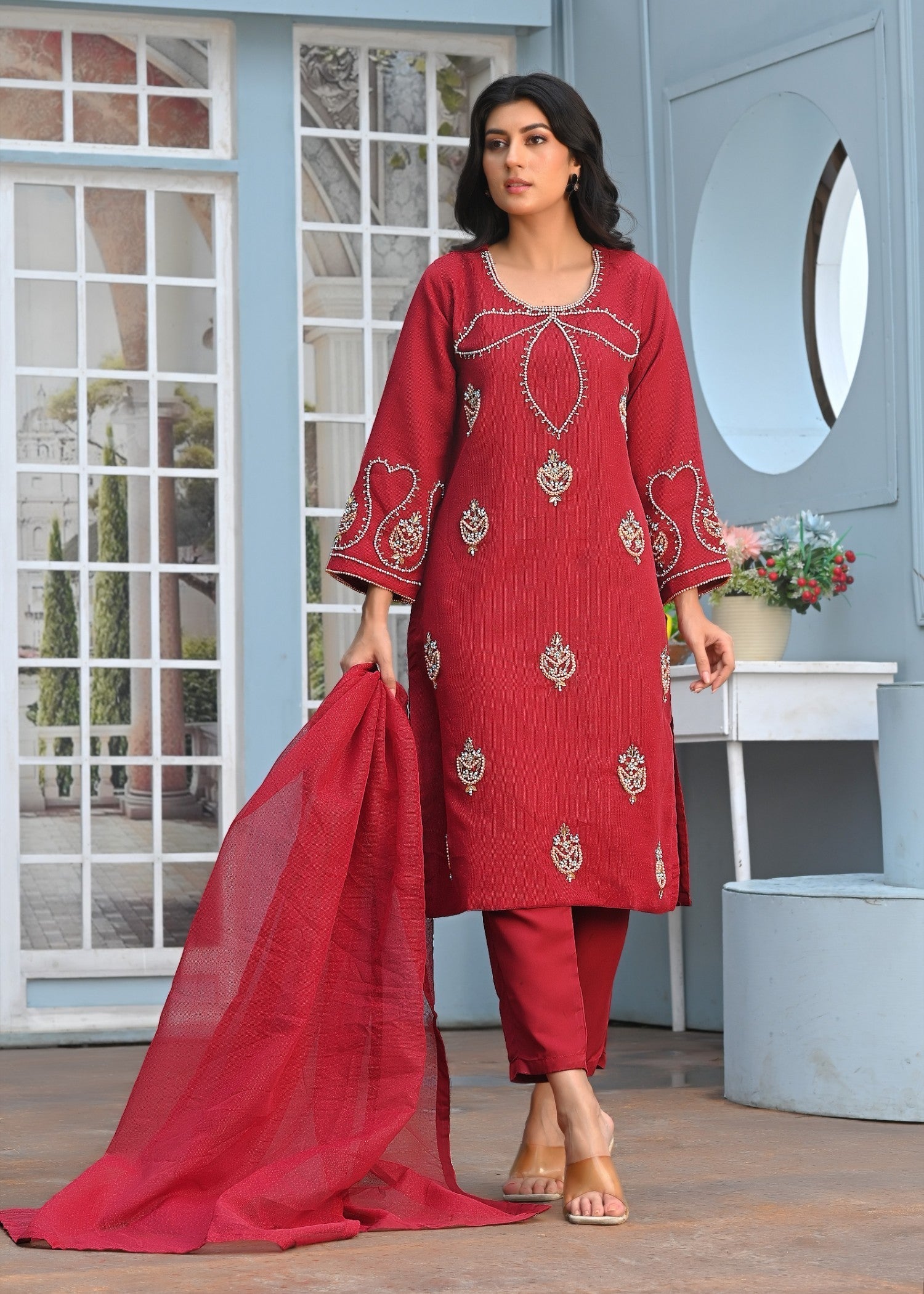 Yaaqot Official Flover Maroon Neckline Stitched Women 3pcs