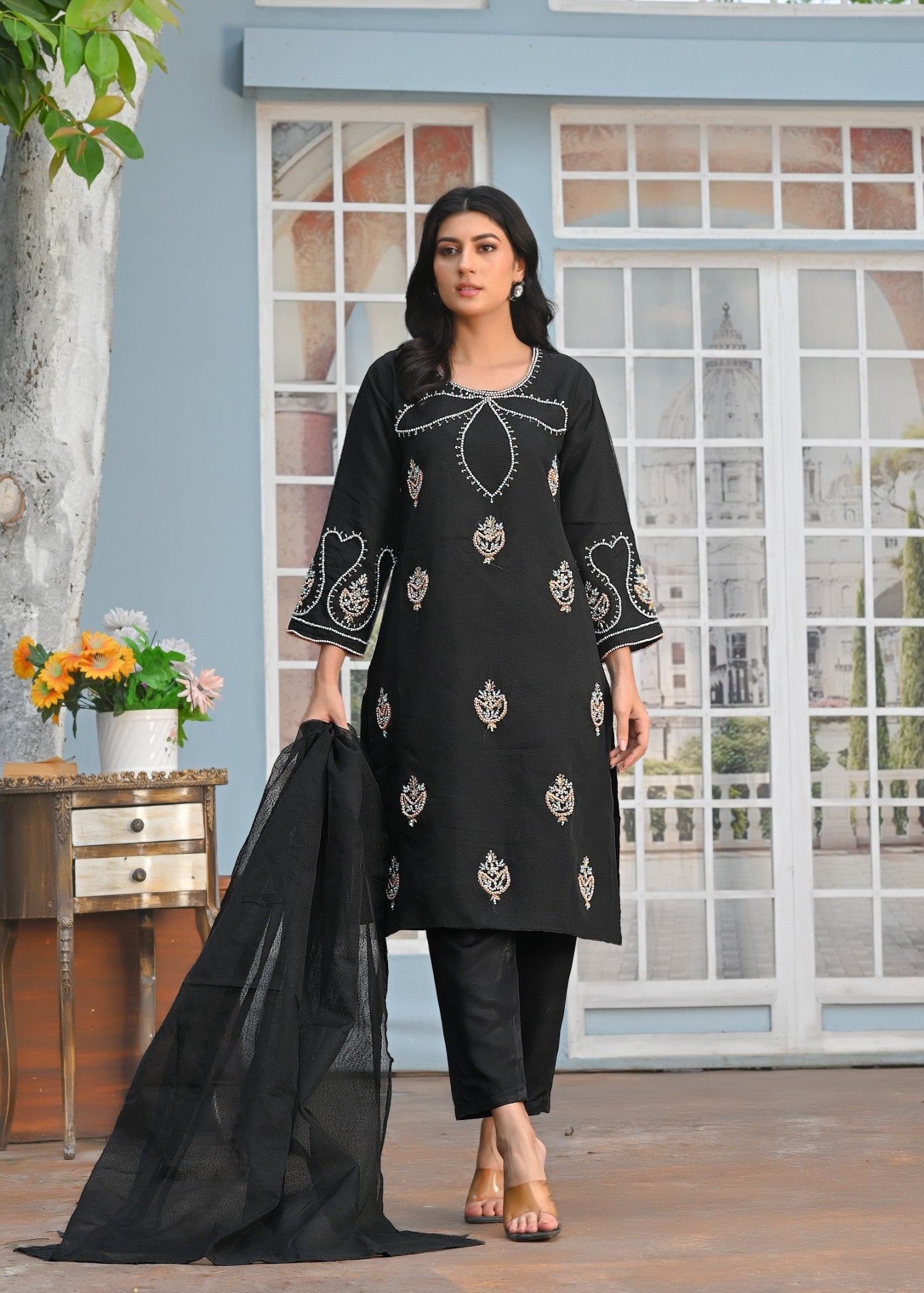 Yaaqot Official Flover Black Neckline Stitched Women 3pcs