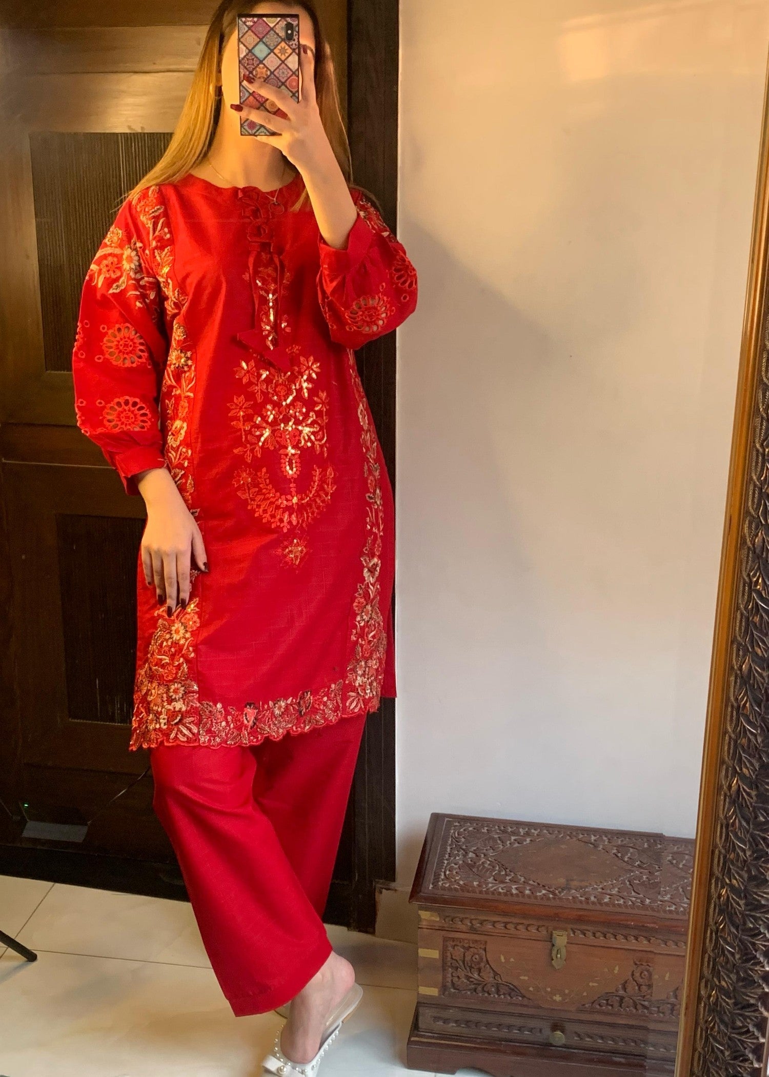 Yaaqot Official Red Cutwork Embroidery Jaycard Women 2pcs
