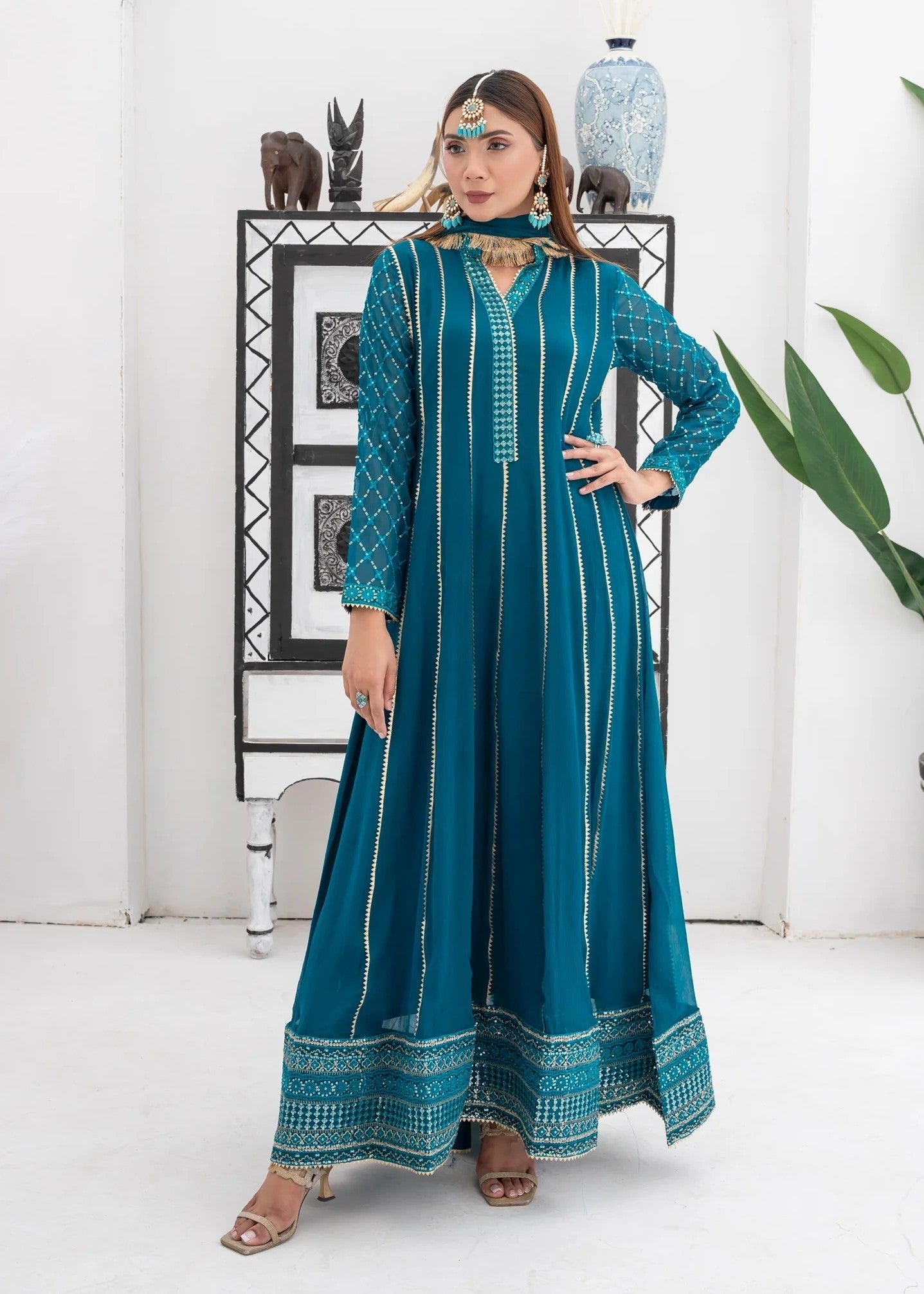 Mona Embroidery Embellish Azure Teal Women 3pcs