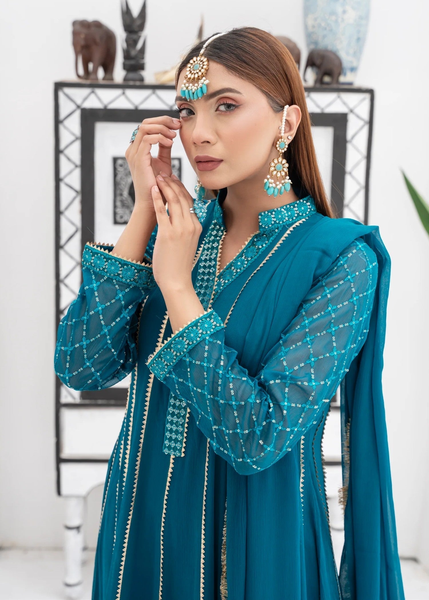 Mona Embroidery Embellish Azure Teal Women 3pcs