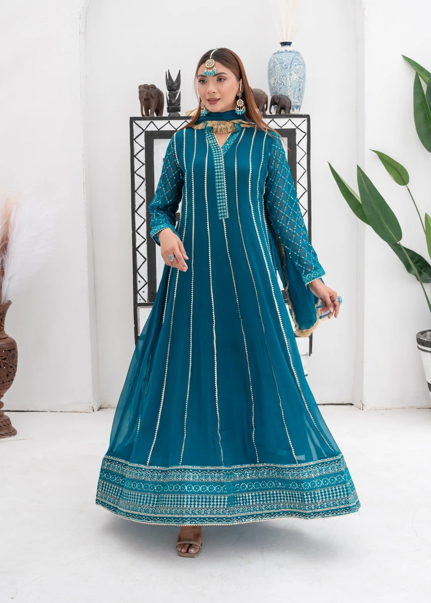 Mona Embroidery Embellish Azure Teal Women 3pcs