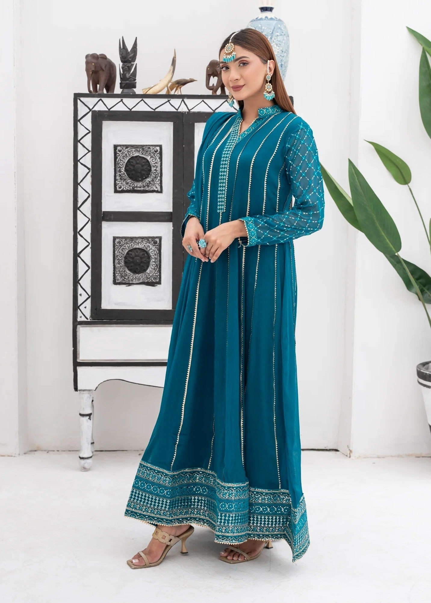 Mona Embroidery Embellish Azure Teal Women 3pcs