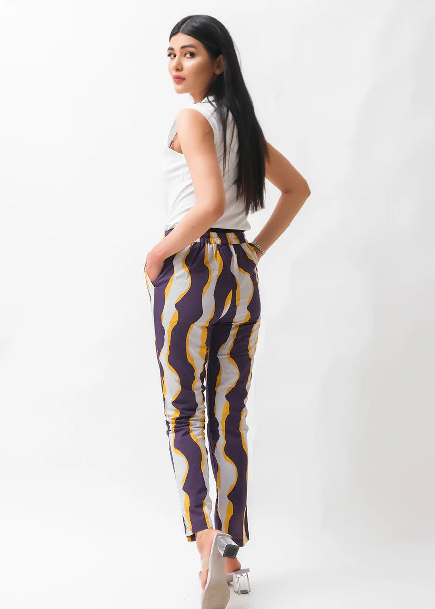 Dhaga Straight Trouser / Pants Purple Yellow Abstract Women 1pcs